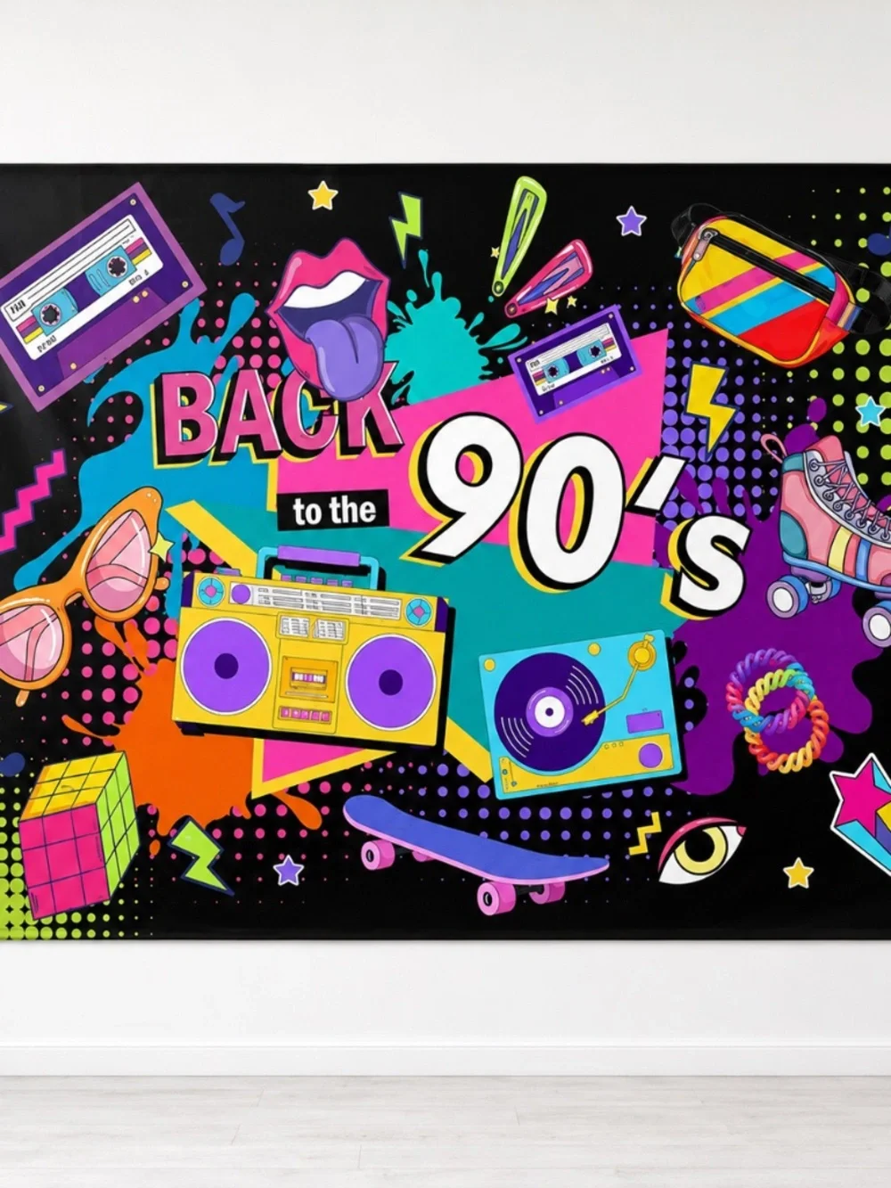 80s 90s Party Decorations 9pc Photo Booth Props + 7x5ft Backdrop New
